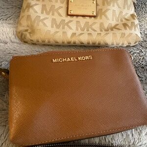 Michael Kors Tan Brown Leather Wristlet with Gold Logo